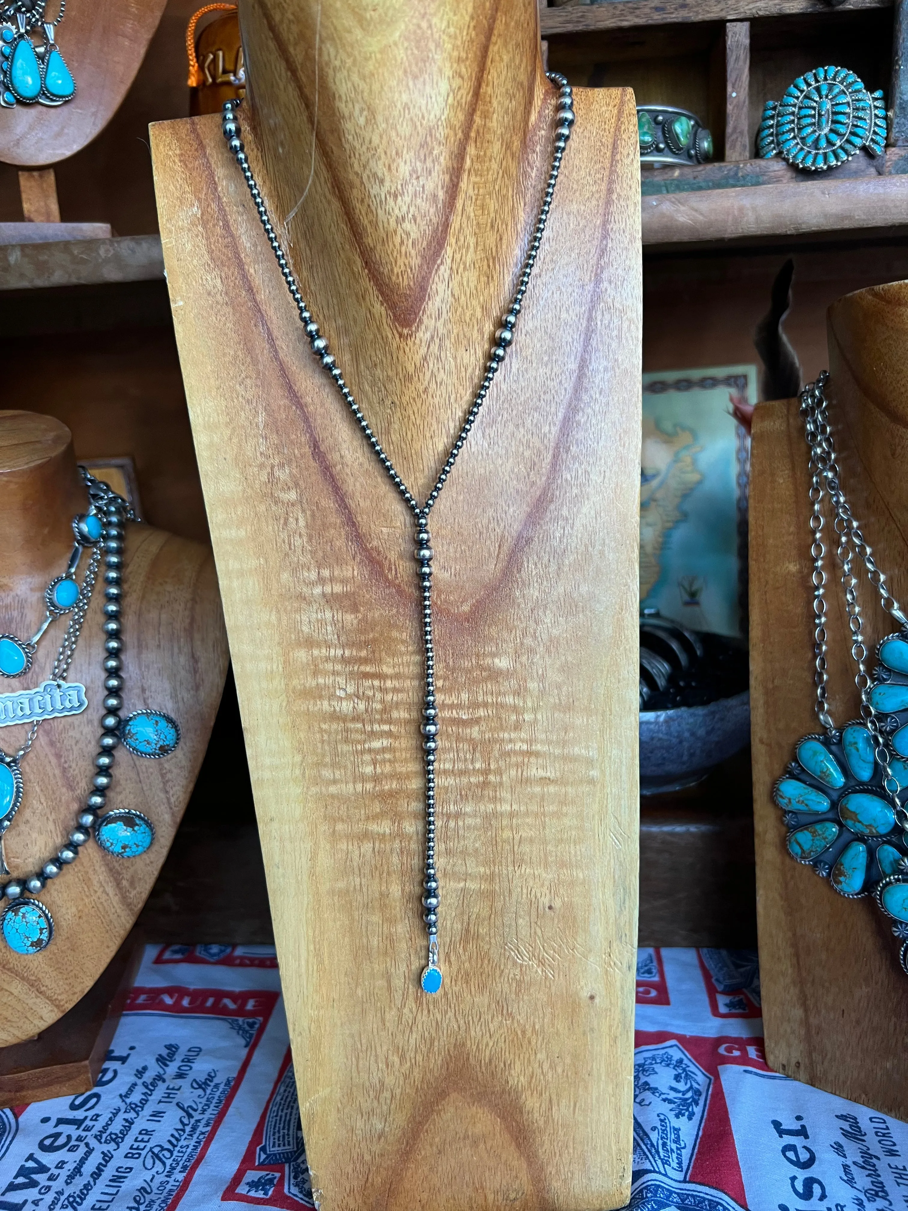 Sterling Silver Pearl lariat Necklace with turquoise nugget
