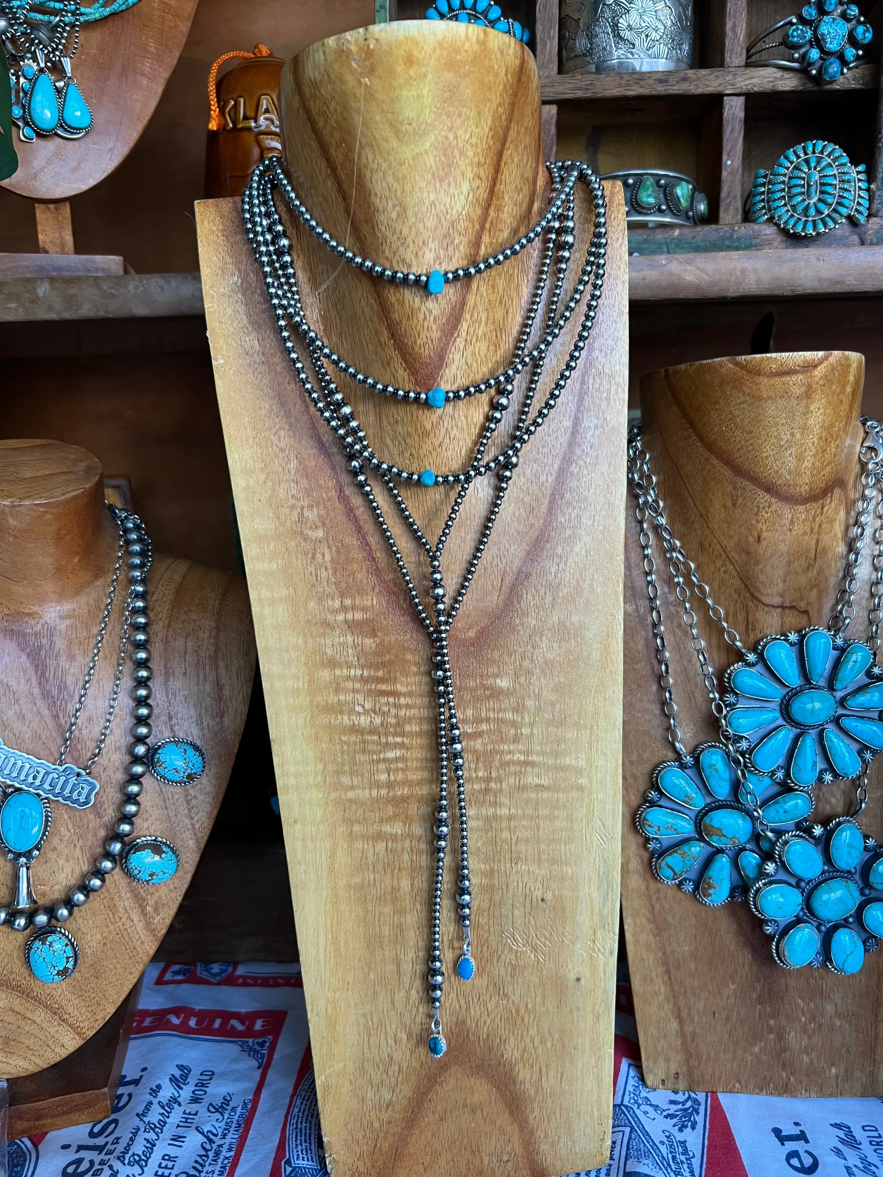 Sterling Silver Pearl lariat Necklace with turquoise nugget