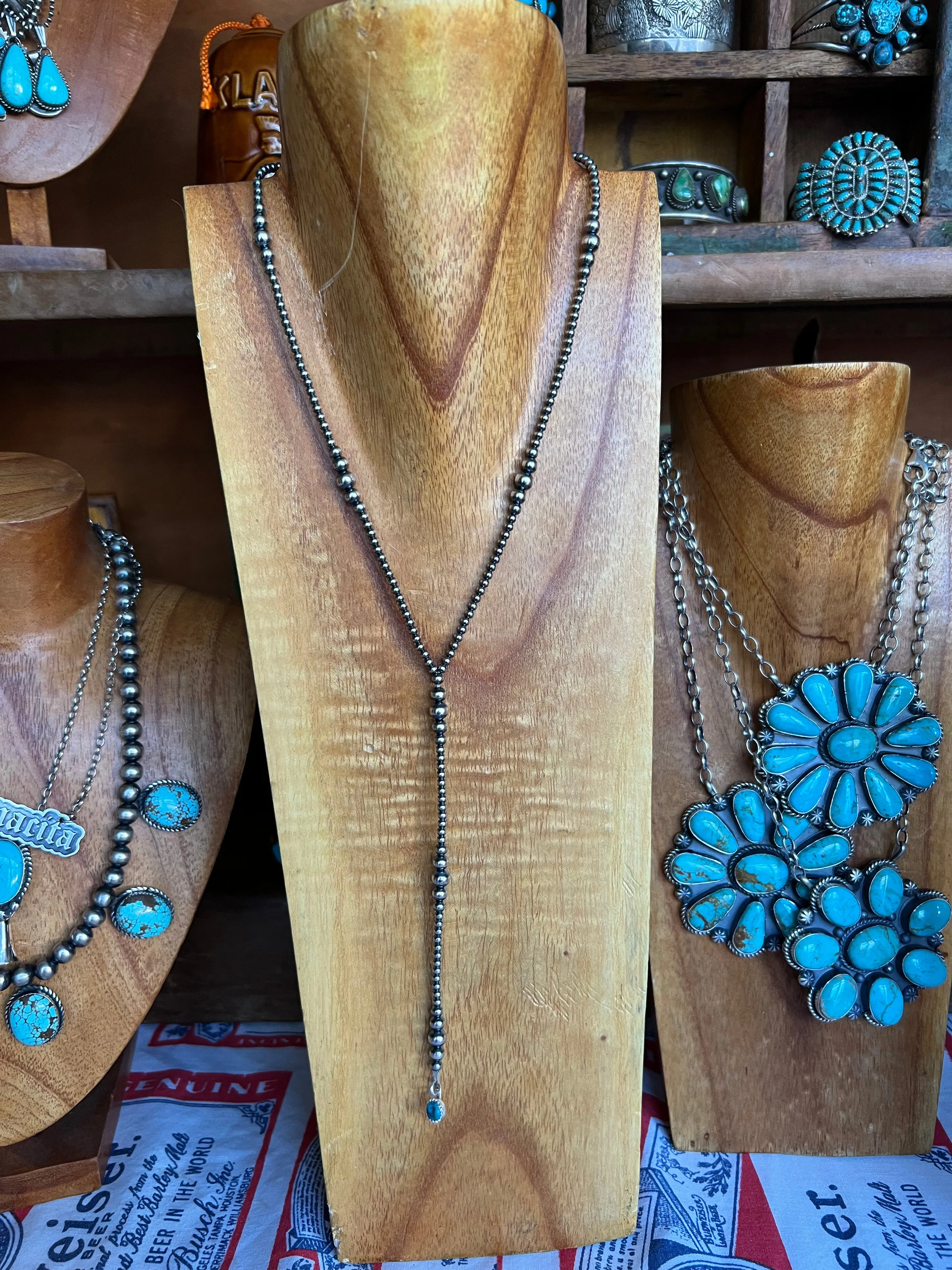 Sterling Silver Pearl lariat Necklace with turquoise nugget