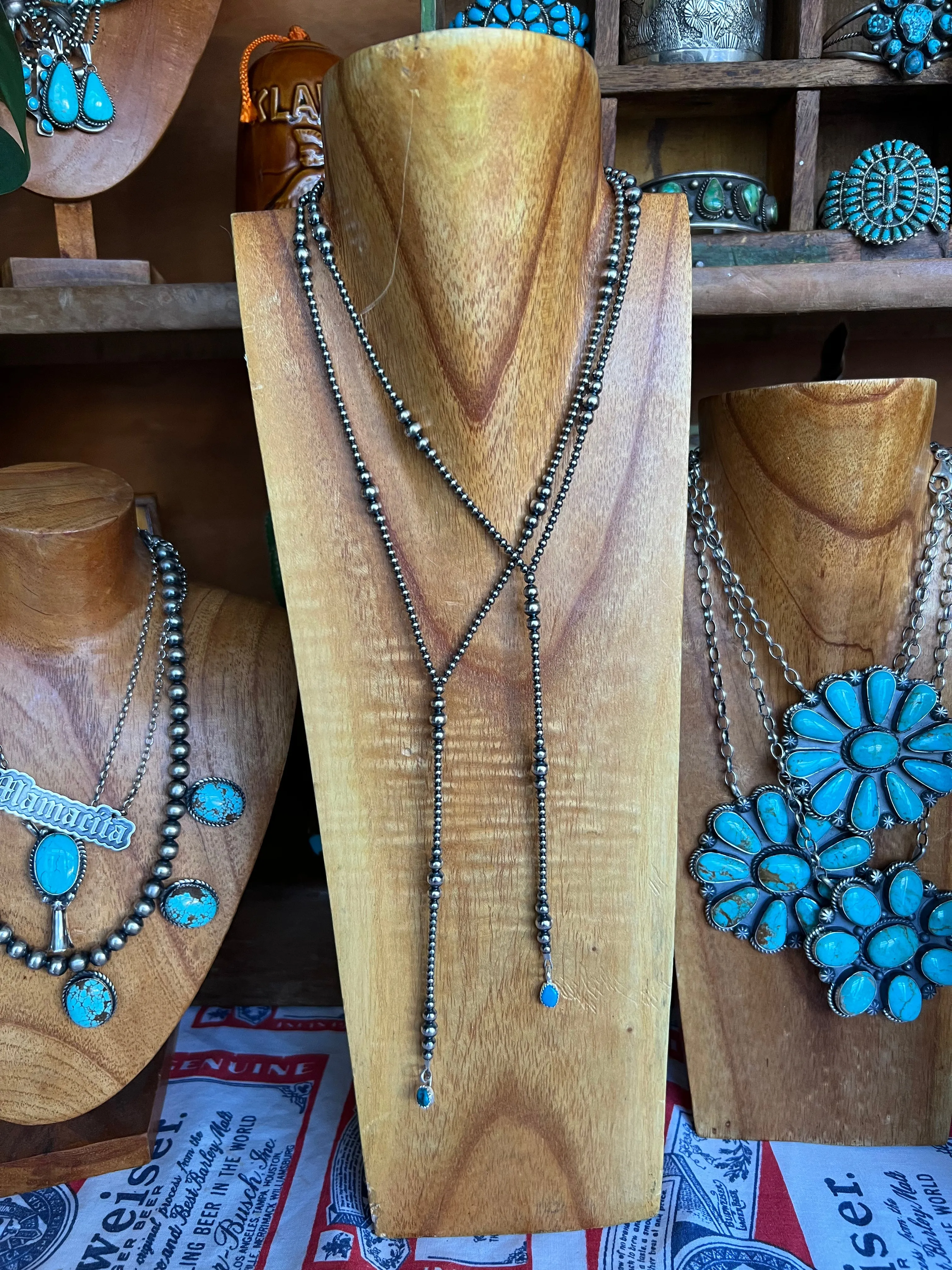 Sterling Silver Pearl lariat Necklace with turquoise nugget