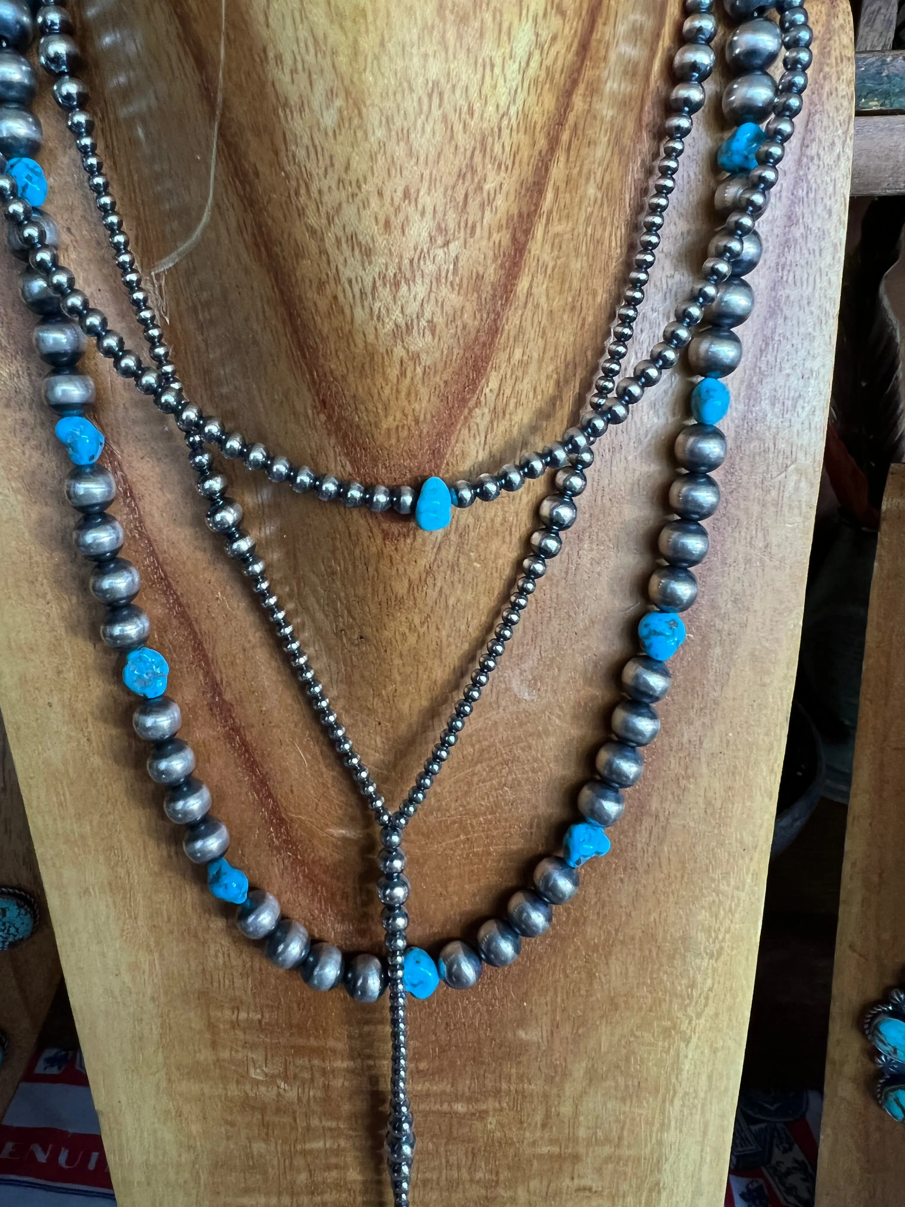 Sterling Silver Pearl lariat Necklace with turquoise nugget