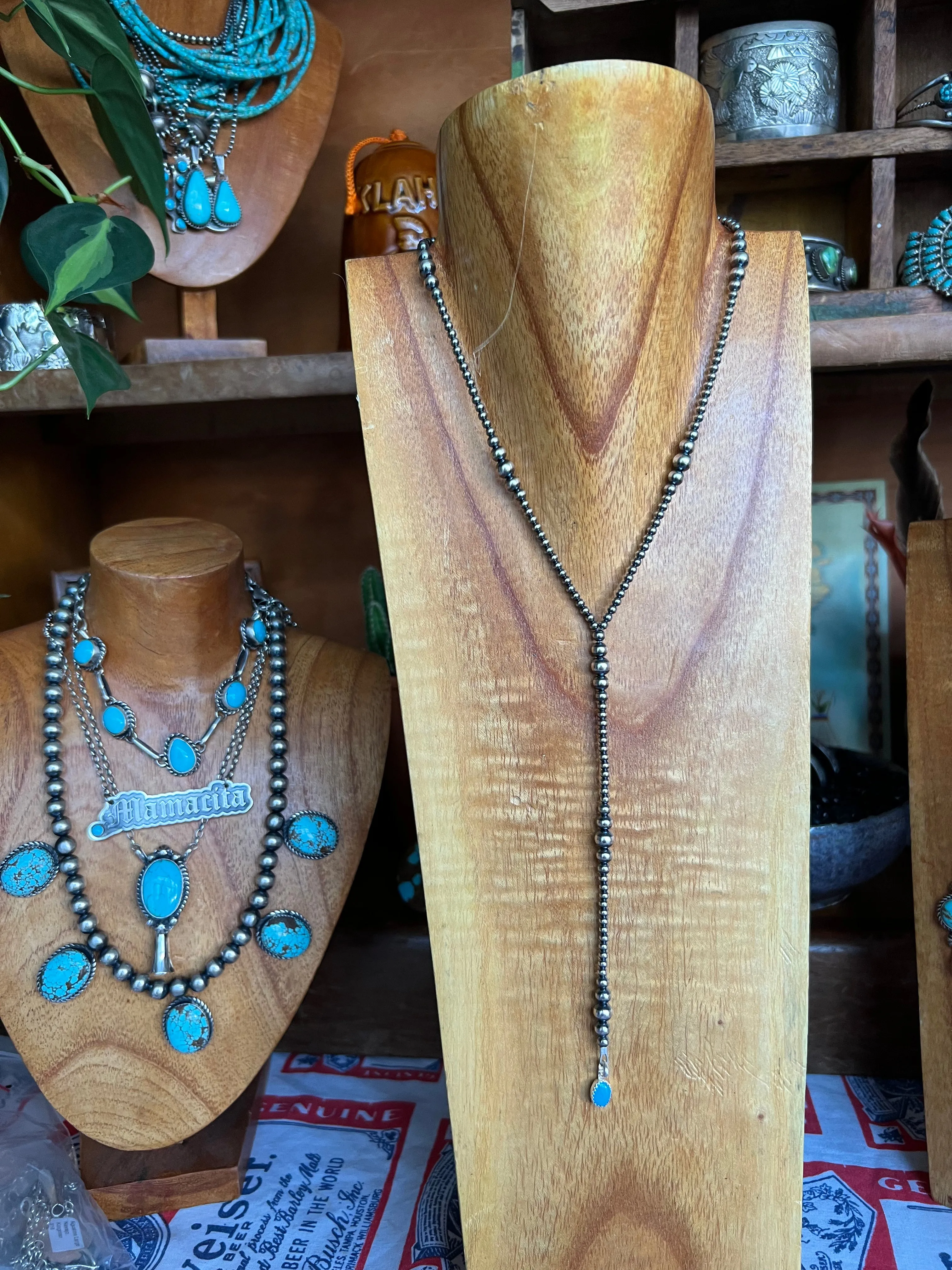 Sterling Silver Pearl lariat Necklace with turquoise nugget