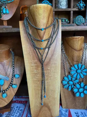 Sterling Silver Pearl lariat Necklace with turquoise nugget