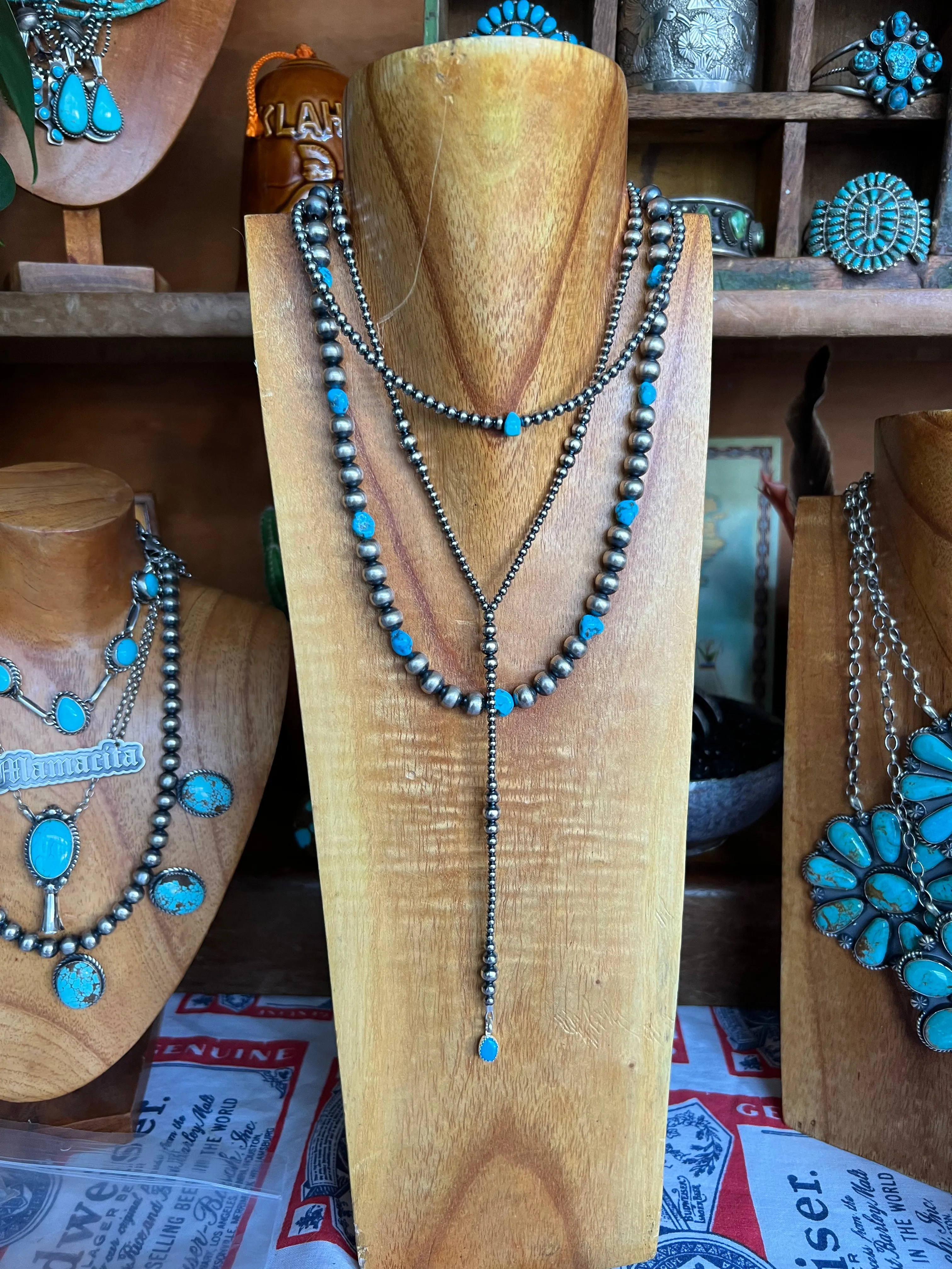 Sterling Silver Pearl lariat Necklace with turquoise nugget