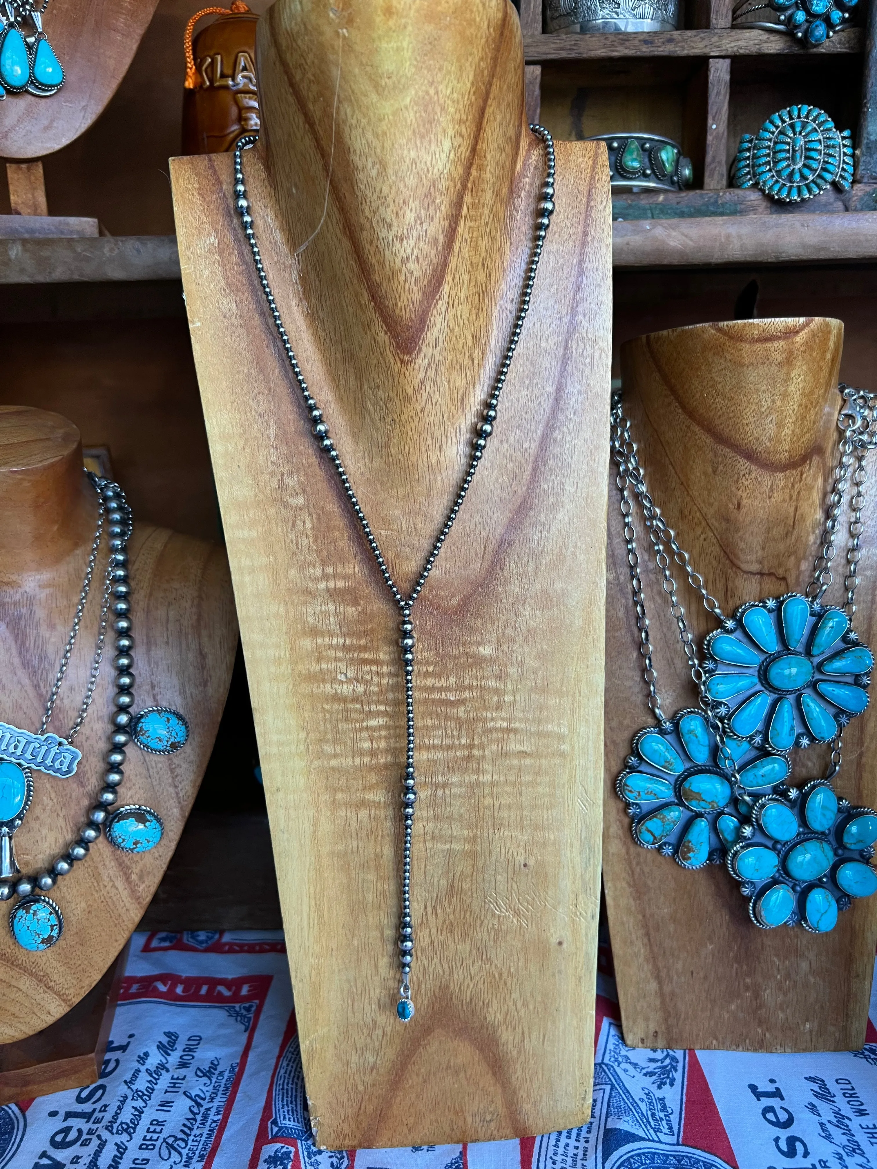 Sterling Silver Pearl lariat Necklace with turquoise nugget