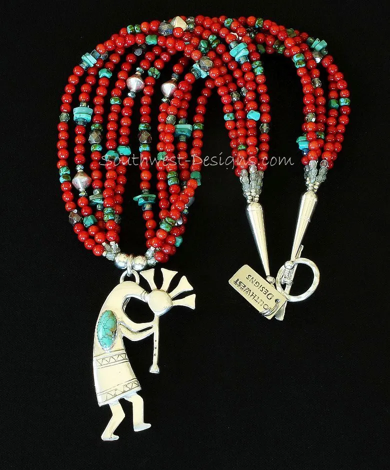 Turquoise and Sterling Silver Kokopelli Pendant with 5 Strands of Coral & Turquoise, Fire Polished Glass, Sterling Silver Bicones, and Sterling Cones & Toggle Clasp
