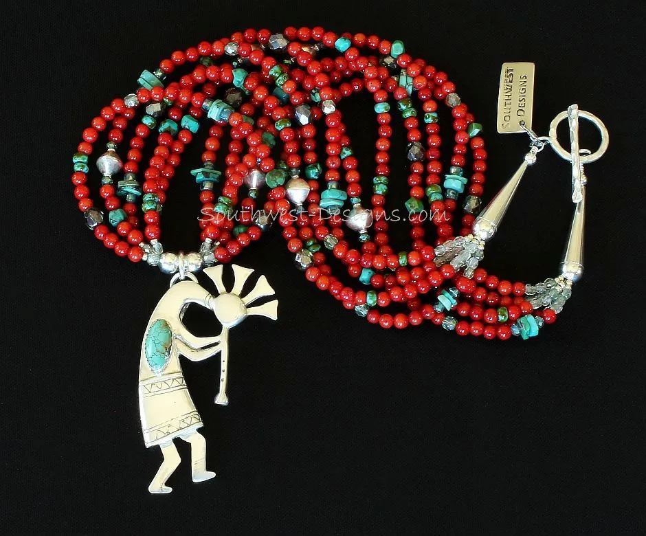Turquoise and Sterling Silver Kokopelli Pendant with 5 Strands of Coral & Turquoise, Fire Polished Glass, Sterling Silver Bicones, and Sterling Cones & Toggle Clasp