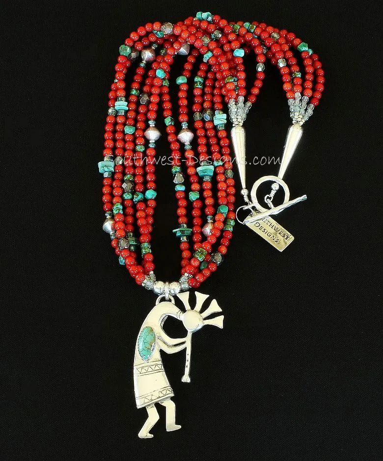 Turquoise and Sterling Silver Kokopelli Pendant with 5 Strands of Coral & Turquoise, Fire Polished Glass, Sterling Silver Bicones, and Sterling Cones & Toggle Clasp