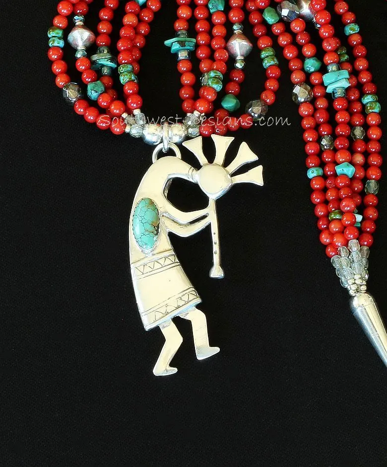 Turquoise and Sterling Silver Kokopelli Pendant with 5 Strands of Coral & Turquoise, Fire Polished Glass, Sterling Silver Bicones, and Sterling Cones & Toggle Clasp