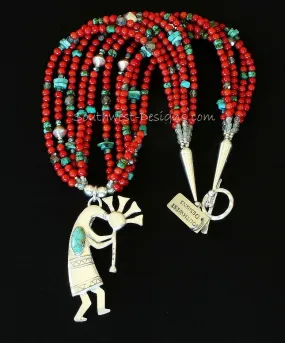 Turquoise and Sterling Silver Kokopelli Pendant with 5 Strands of Coral & Turquoise, Fire Polished Glass, Sterling Silver Bicones, and Sterling Cones & Toggle Clasp