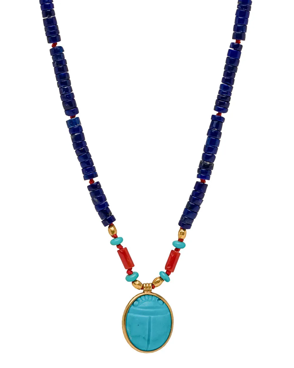 Turquoise Scarab Pendant Lapis Heishi Necklace