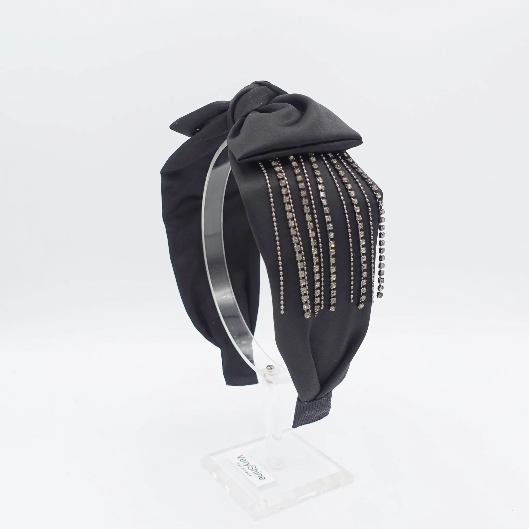 velvet satin bow tie fringe headband chain rhinestone embellished hairband for women