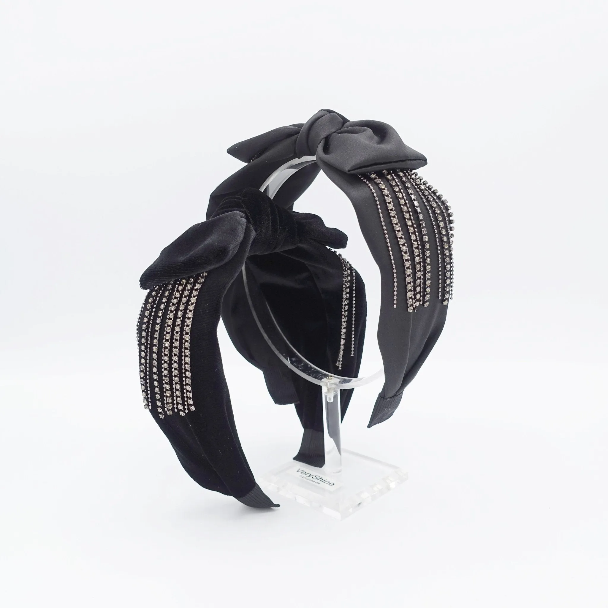 velvet satin bow tie fringe headband chain rhinestone embellished hairband for women