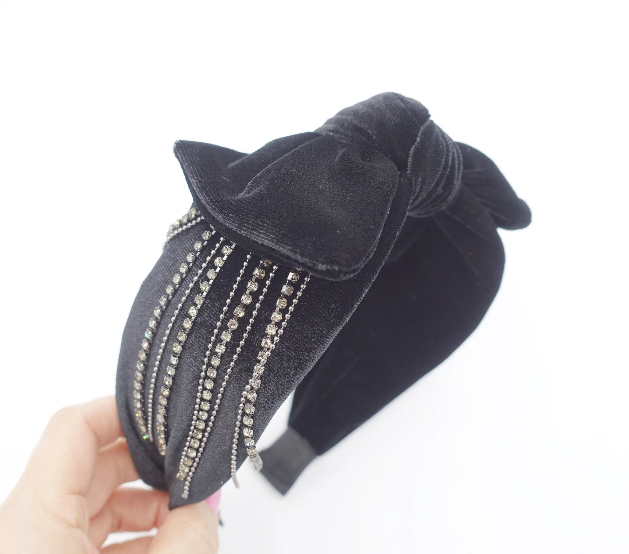 velvet satin bow tie fringe headband chain rhinestone embellished hairband for women