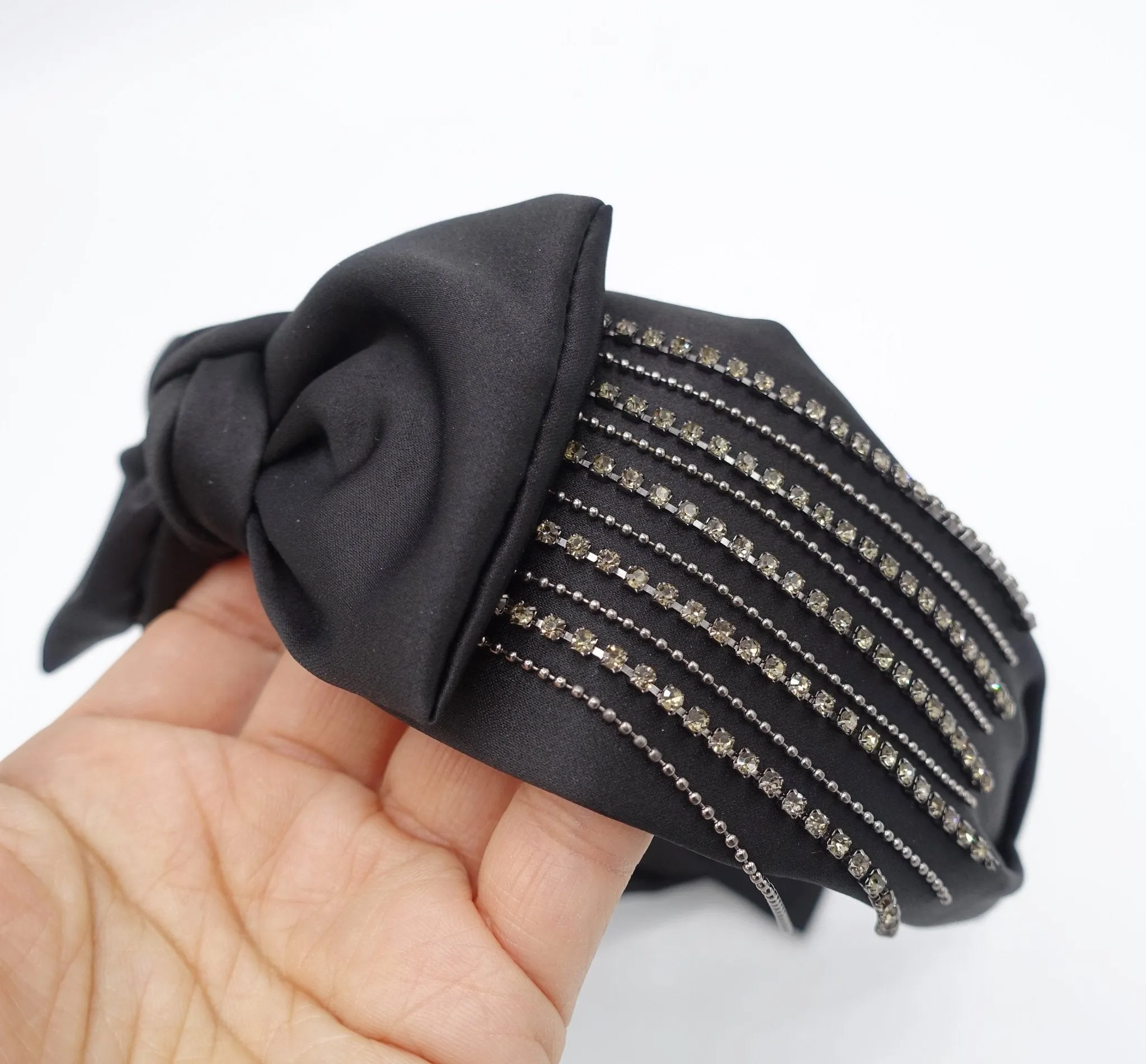 velvet satin bow tie fringe headband chain rhinestone embellished hairband for women
