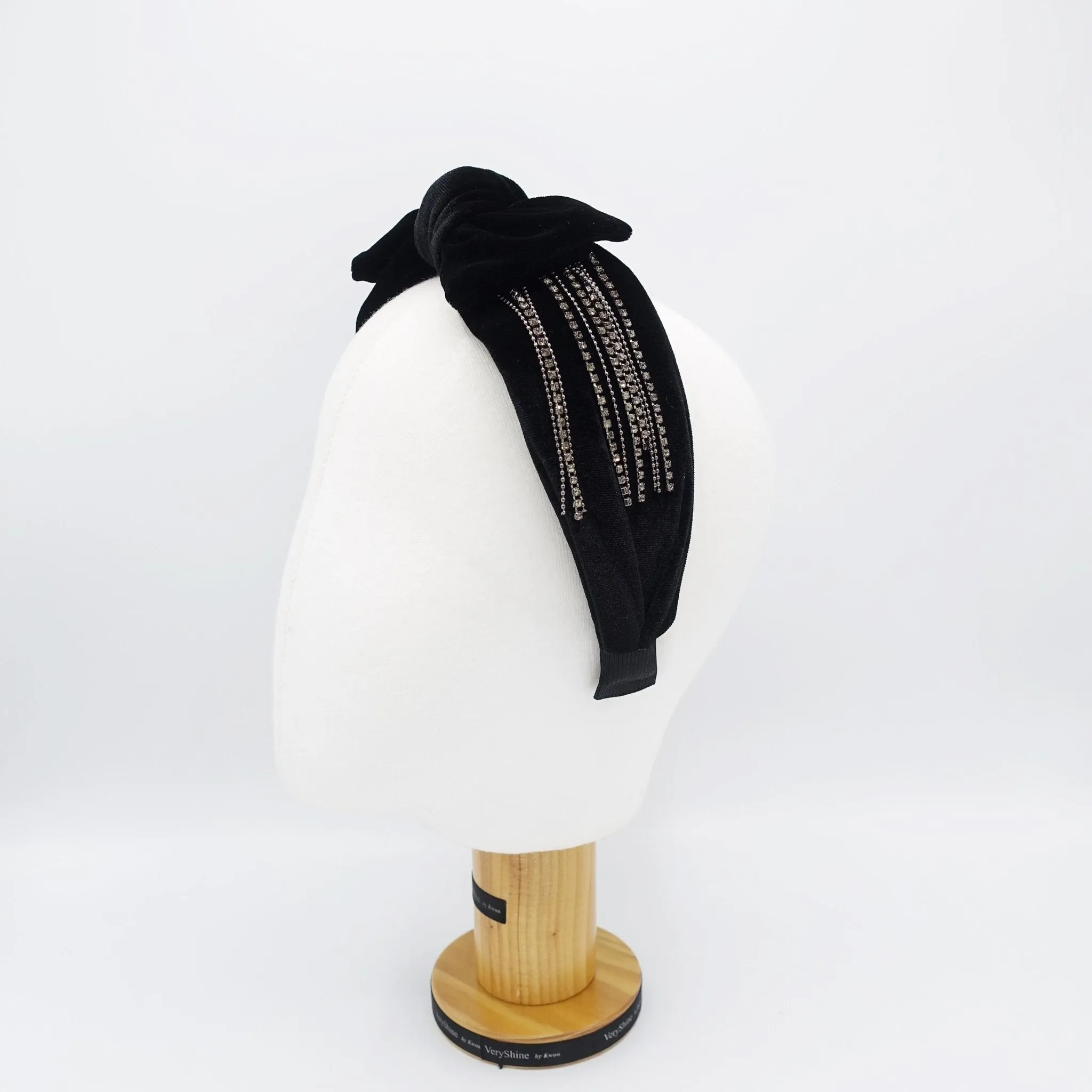 velvet satin bow tie fringe headband chain rhinestone embellished hairband for women