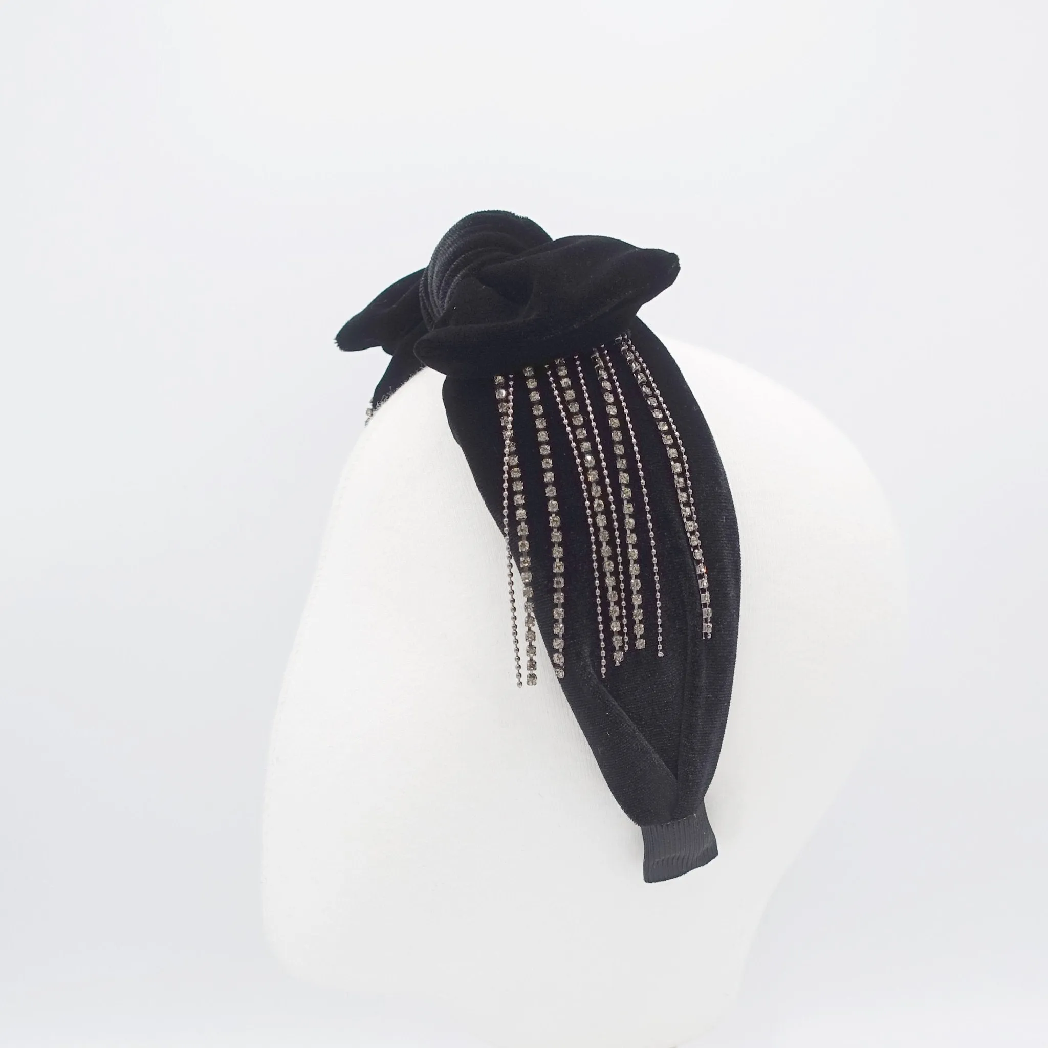 velvet satin bow tie fringe headband chain rhinestone embellished hairband for women