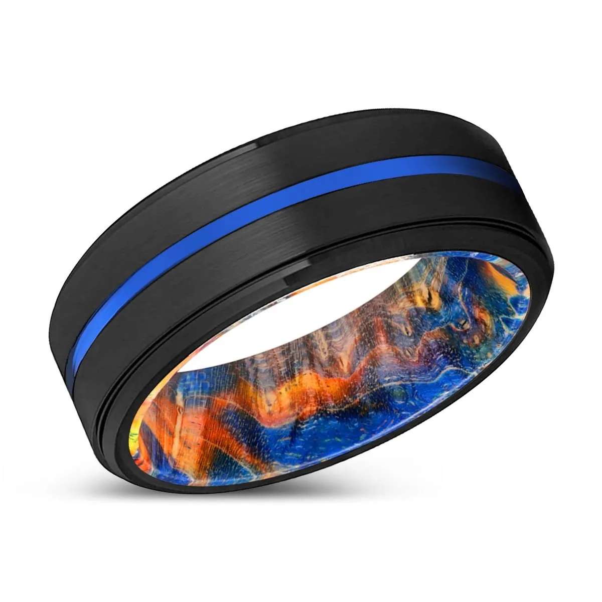 VICIOUS | Blue & Yellow/Orange Wood, Black Tungsten Ring, Blue Groove, Stepped Edge