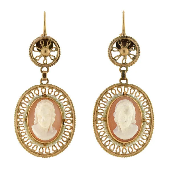 Victorian 14kt Shell Cameo & Seed Pearl Wirework Earrings