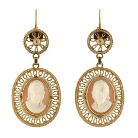 Victorian 14kt Shell Cameo & Seed Pearl Wirework Earrings