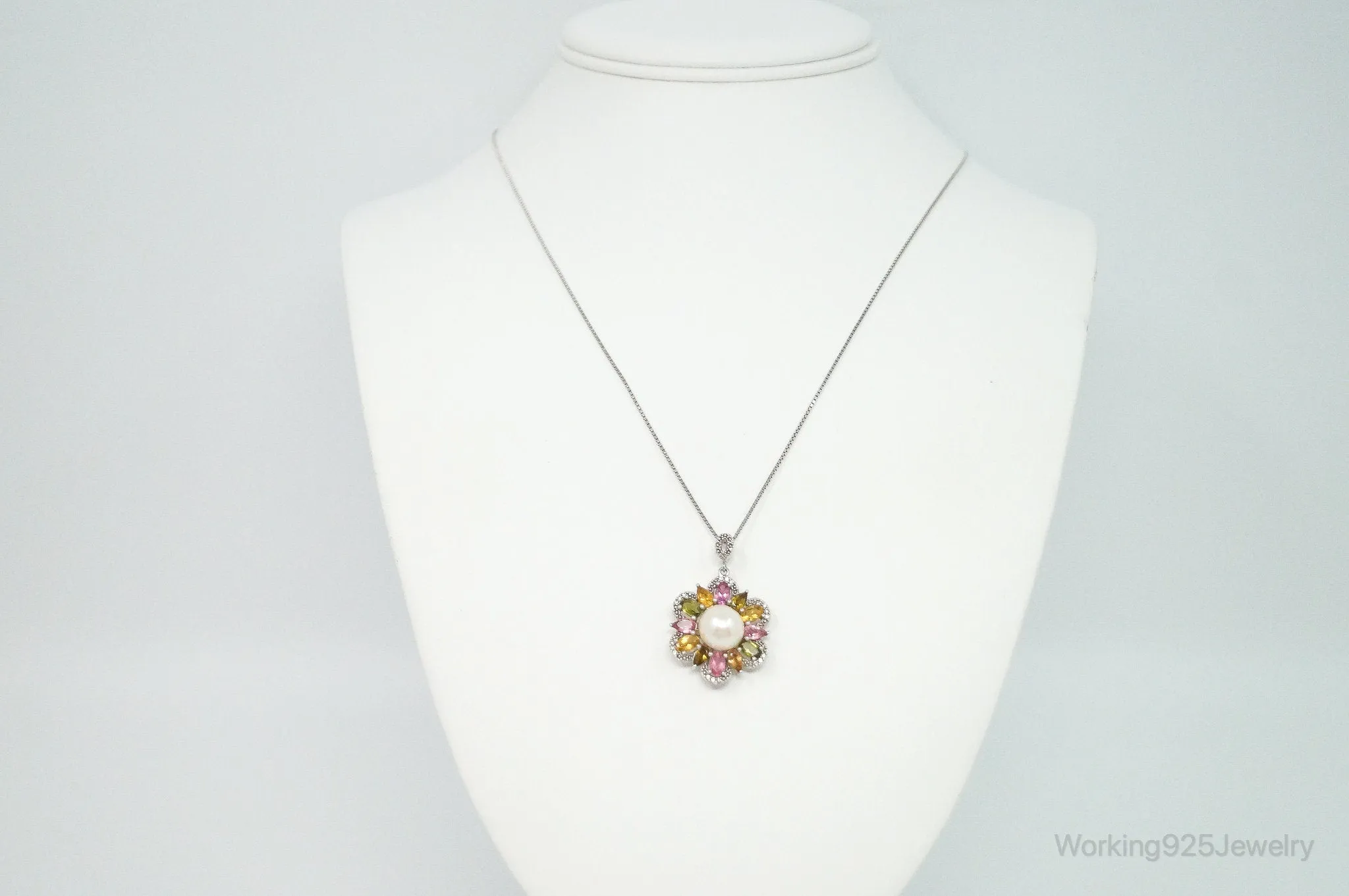 Vintage Designer Multi Stone Flower Sterling Silver Necklace