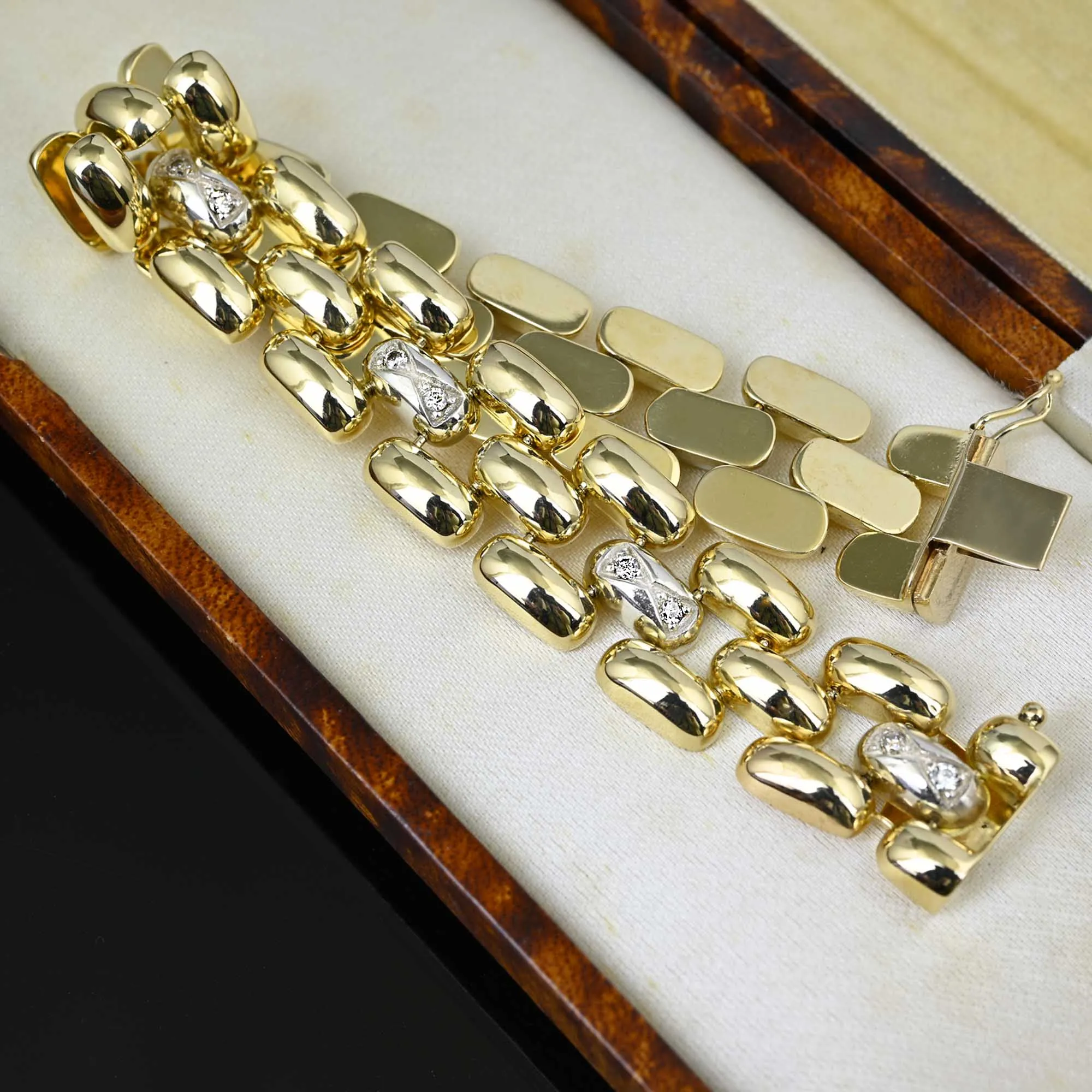 Vintage Diamond Solid 14K Gold Tank Bracelet, 35.6 Grams