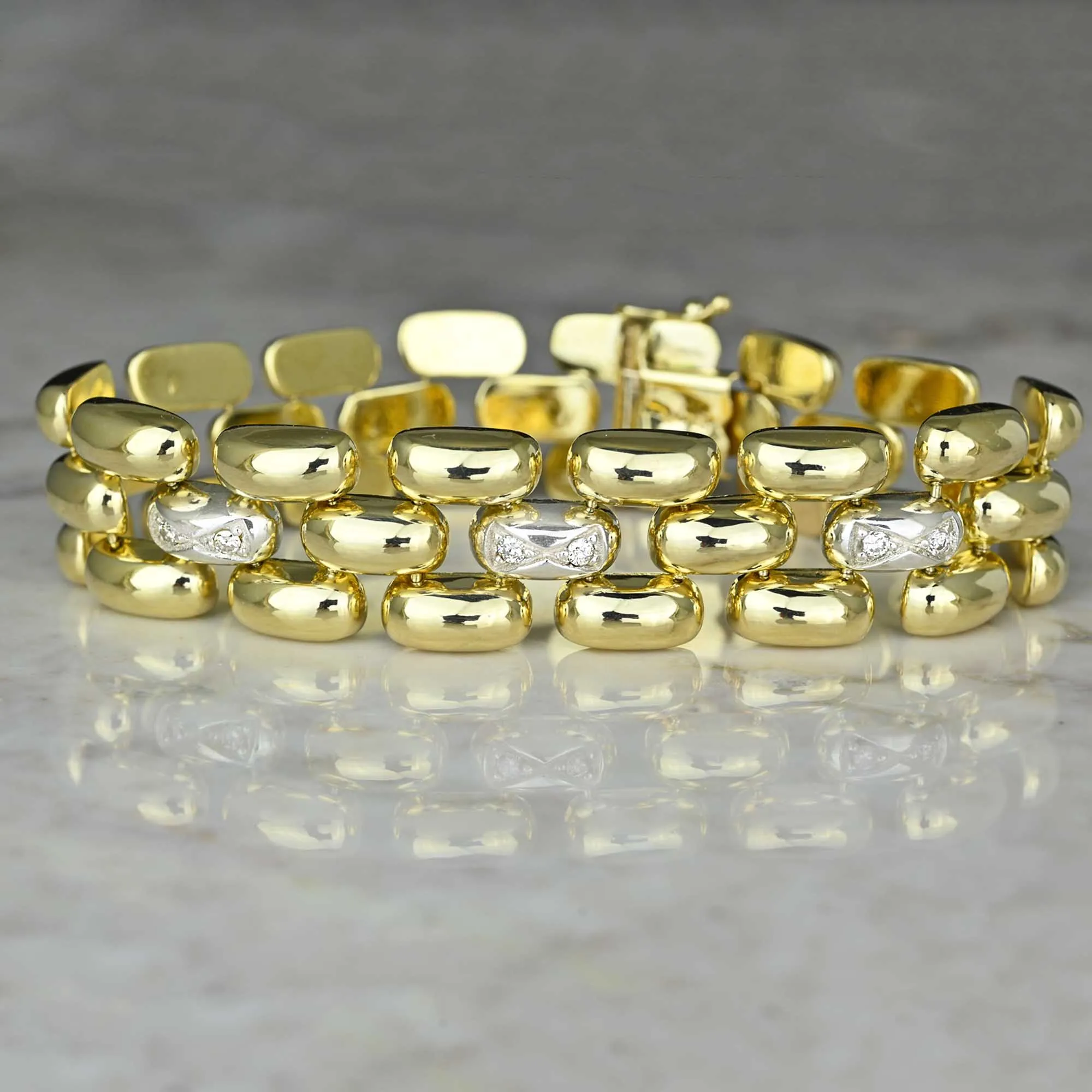 Vintage Diamond Solid 14K Gold Tank Bracelet, 35.6 Grams