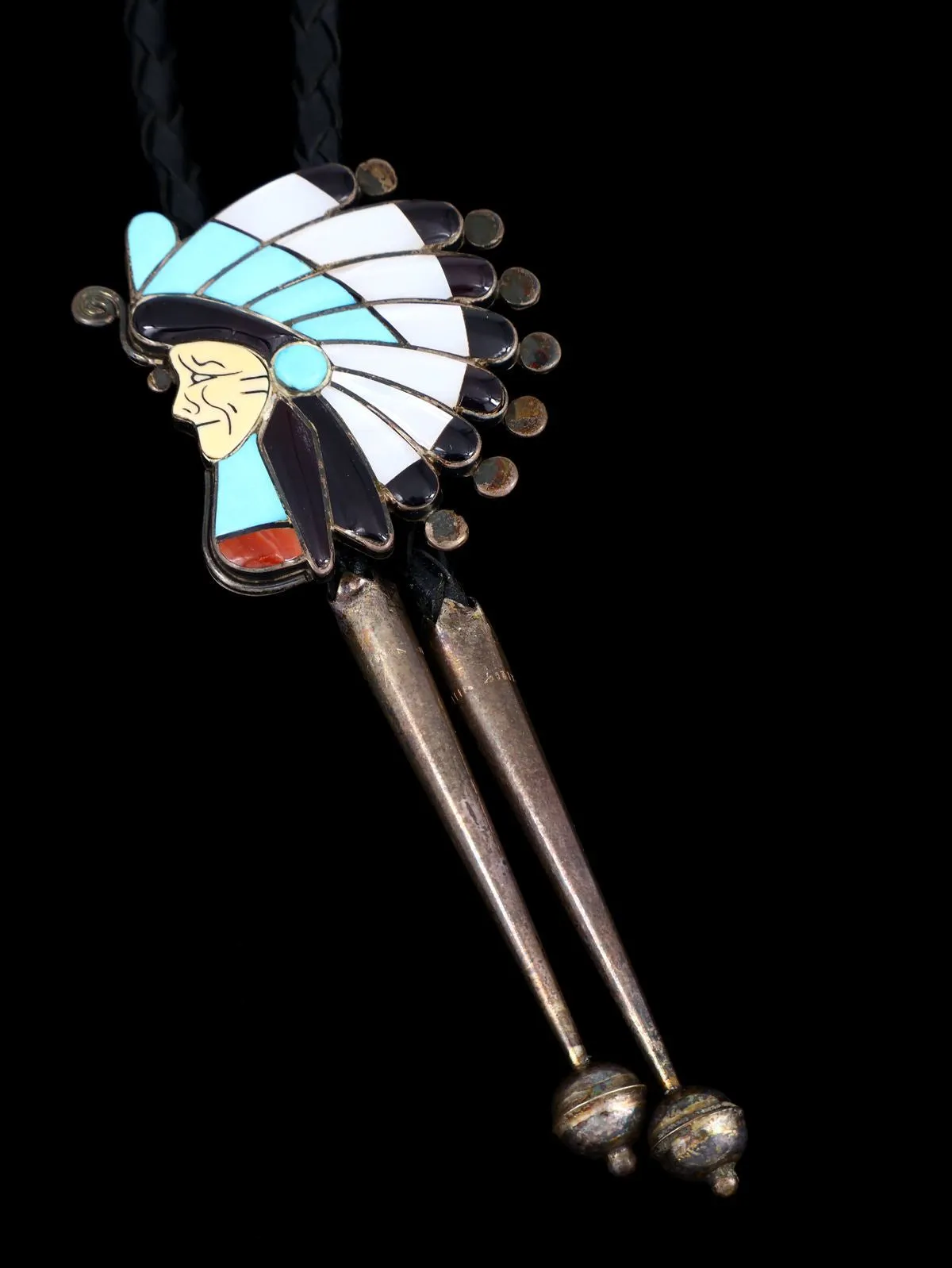 Vintage Jewelry Sterling Silver Zuni Inlay Chief's Head Bolo Tie