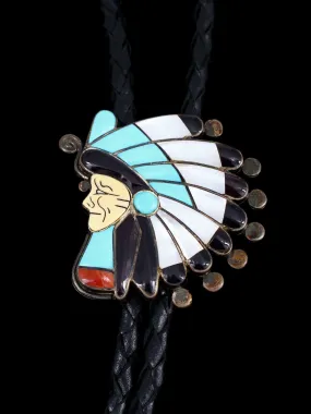 Vintage Jewelry Sterling Silver Zuni Inlay Chief's Head Bolo Tie