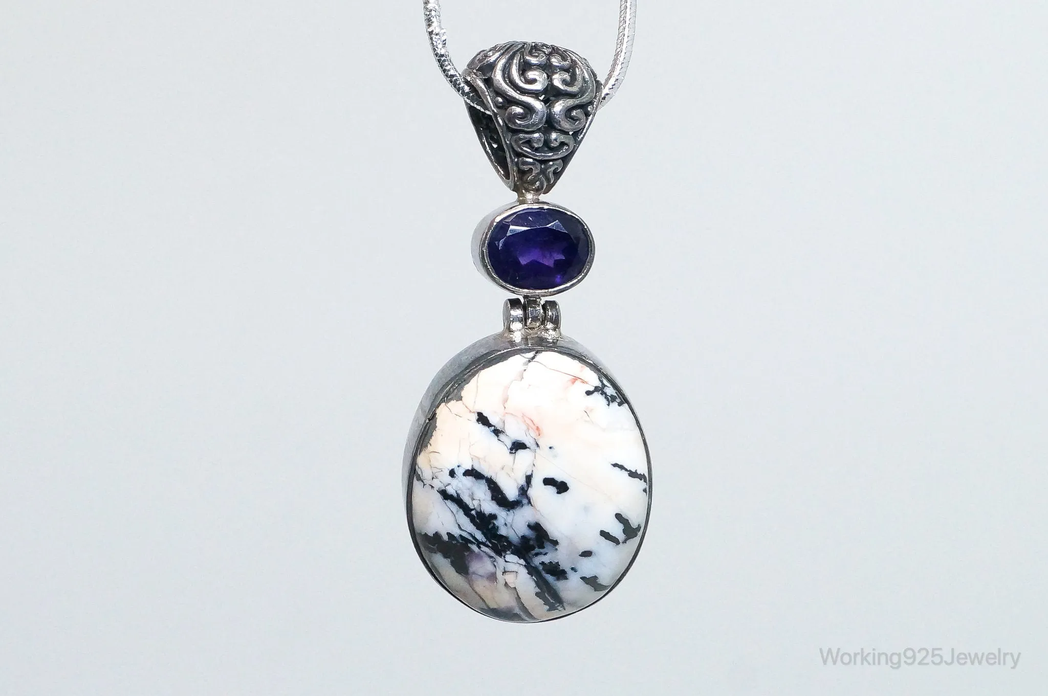 Vintage Large Zebra Jasper Amethyst Sterling Silver Necklace Pendant