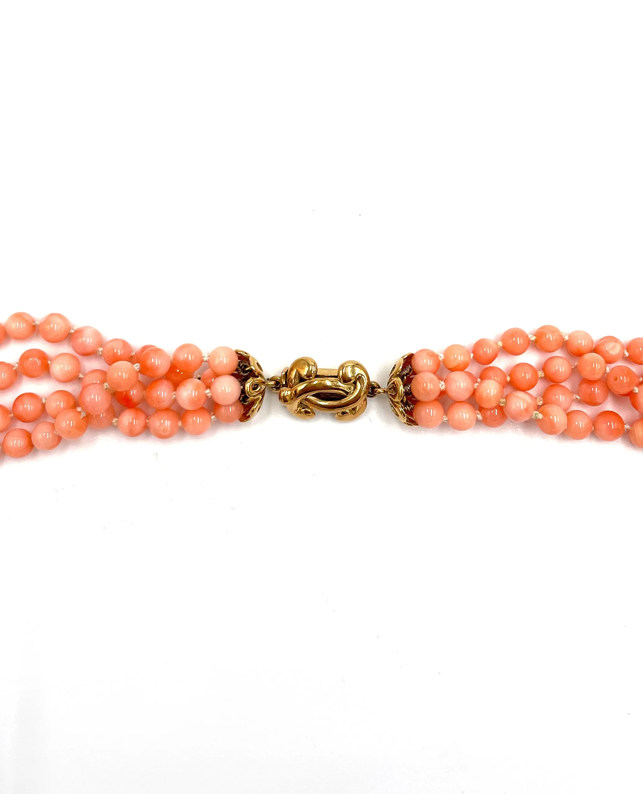 Vintage Pre-owned 18K Yellow Gold Diamond and Angel Coral Bead Tassel Necklace