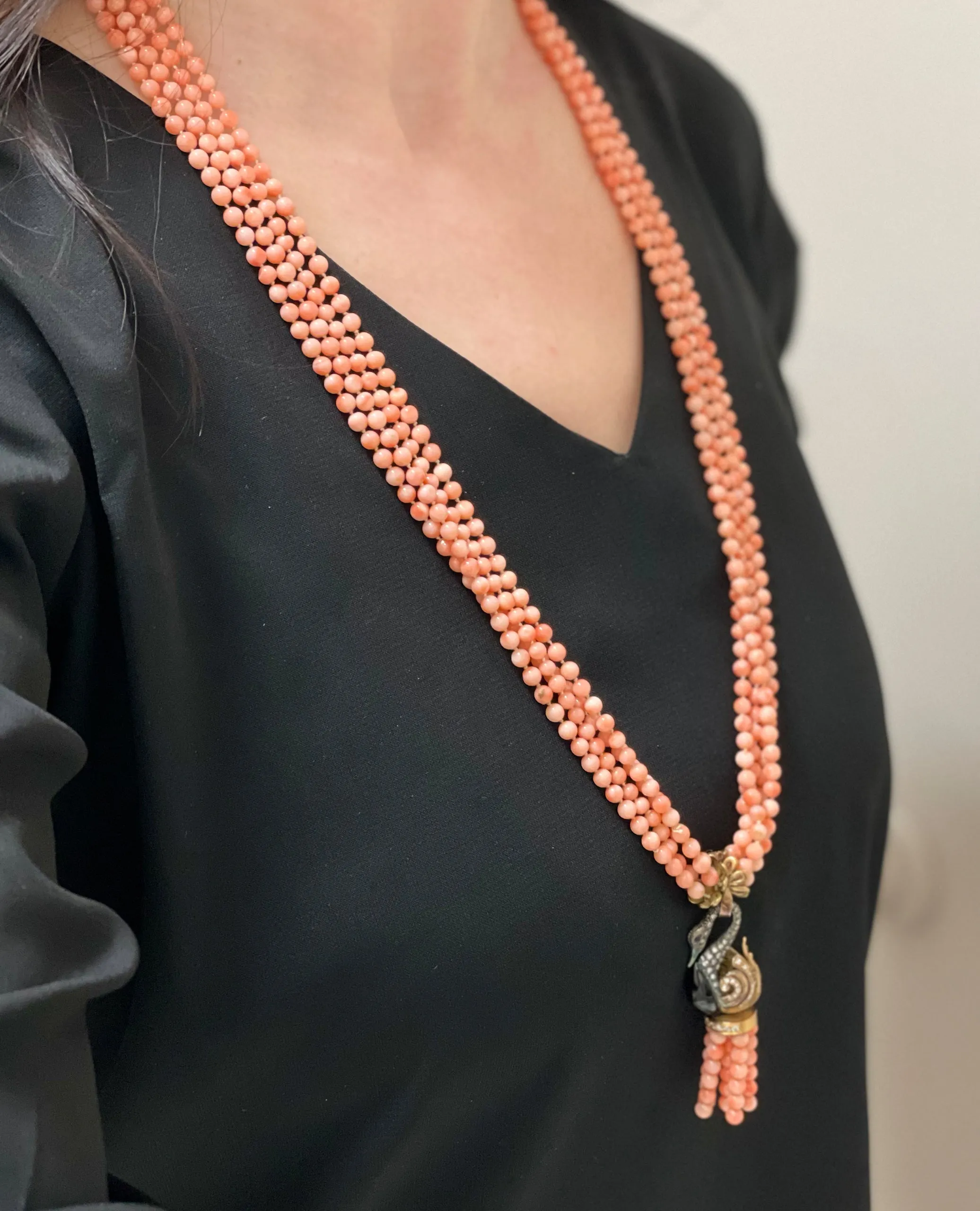 Vintage Pre-owned 18K Yellow Gold Diamond and Angel Coral Bead Tassel Necklace