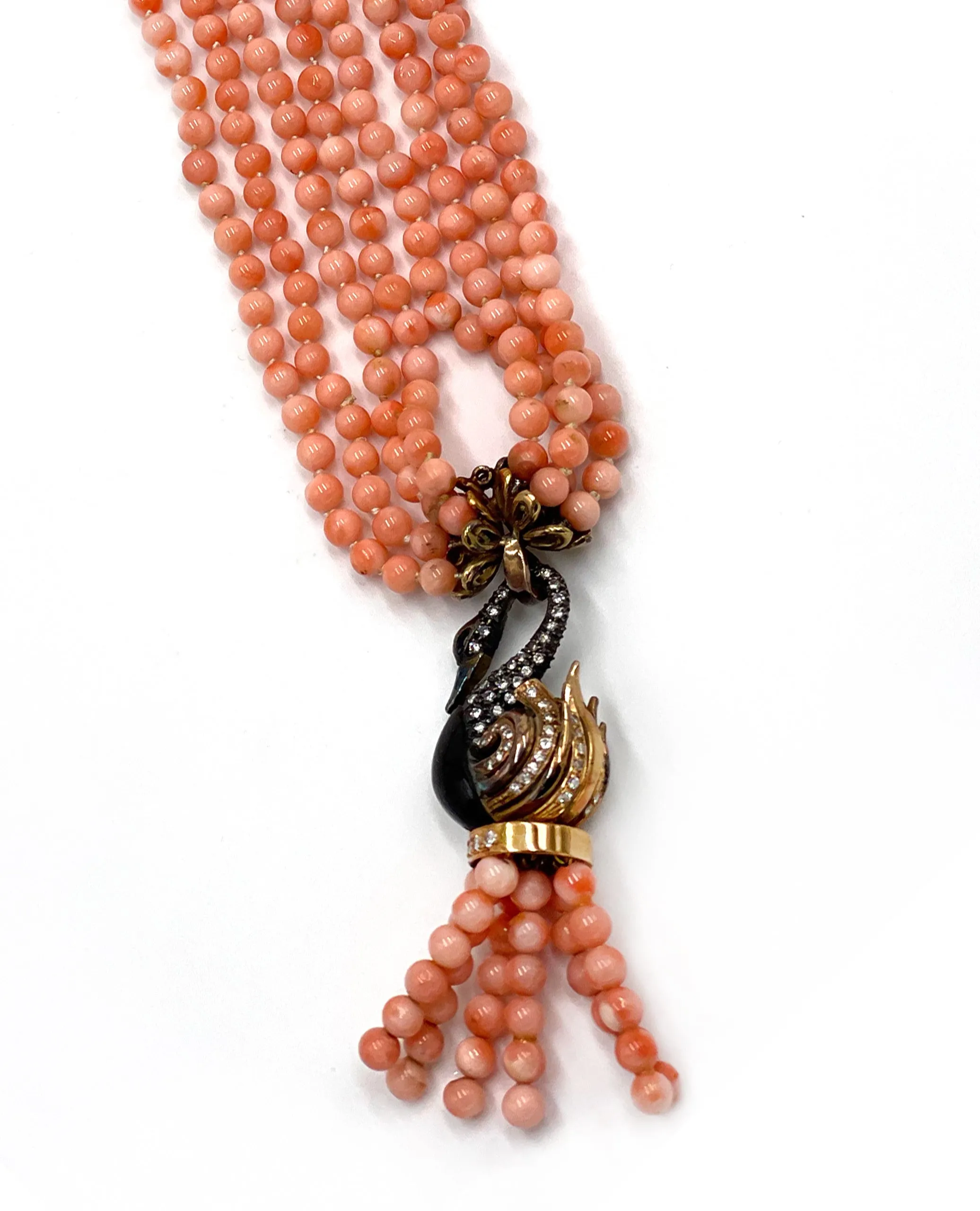 Vintage Pre-owned 18K Yellow Gold Diamond and Angel Coral Bead Tassel Necklace