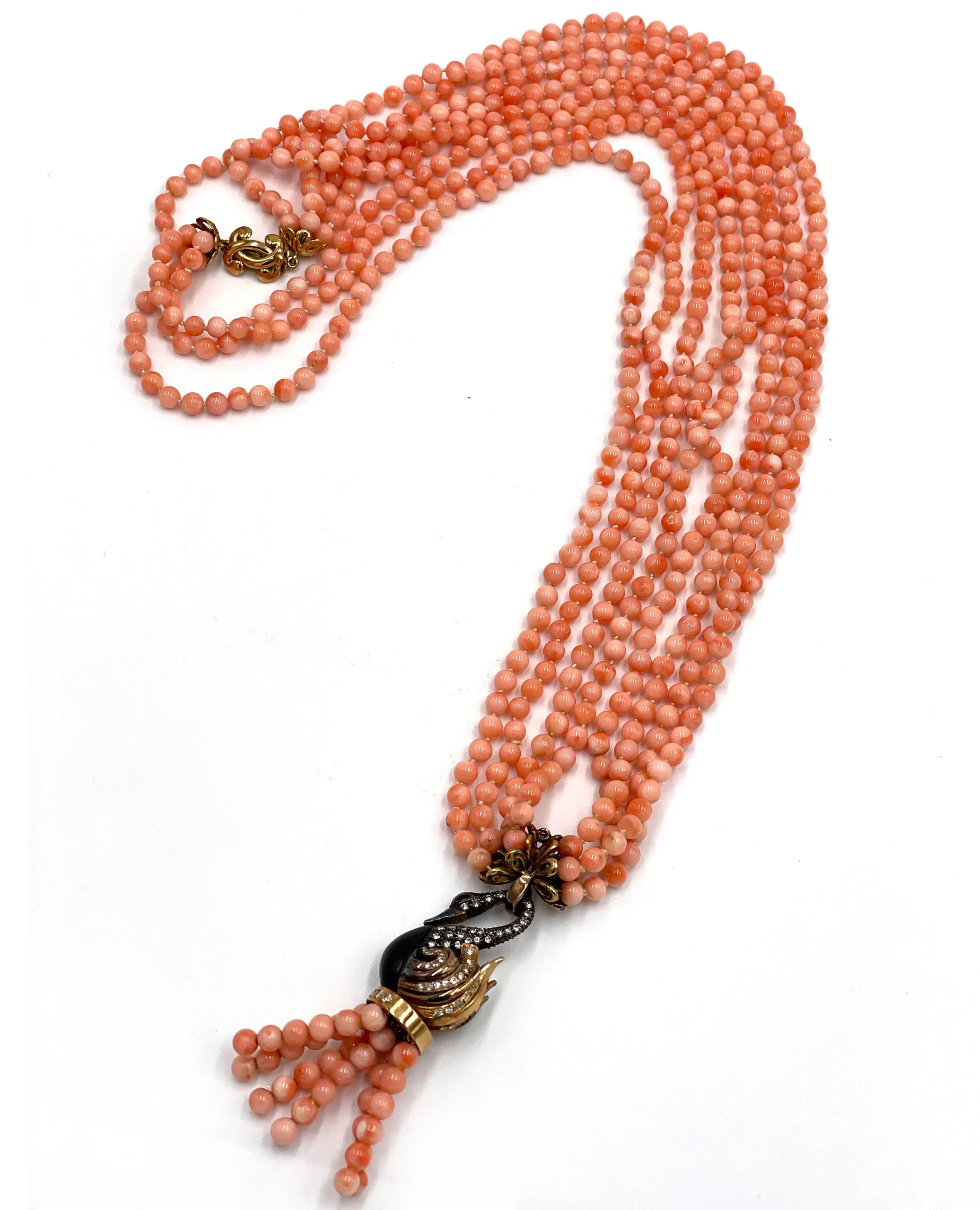 Vintage Pre-owned 18K Yellow Gold Diamond and Angel Coral Bead Tassel Necklace
