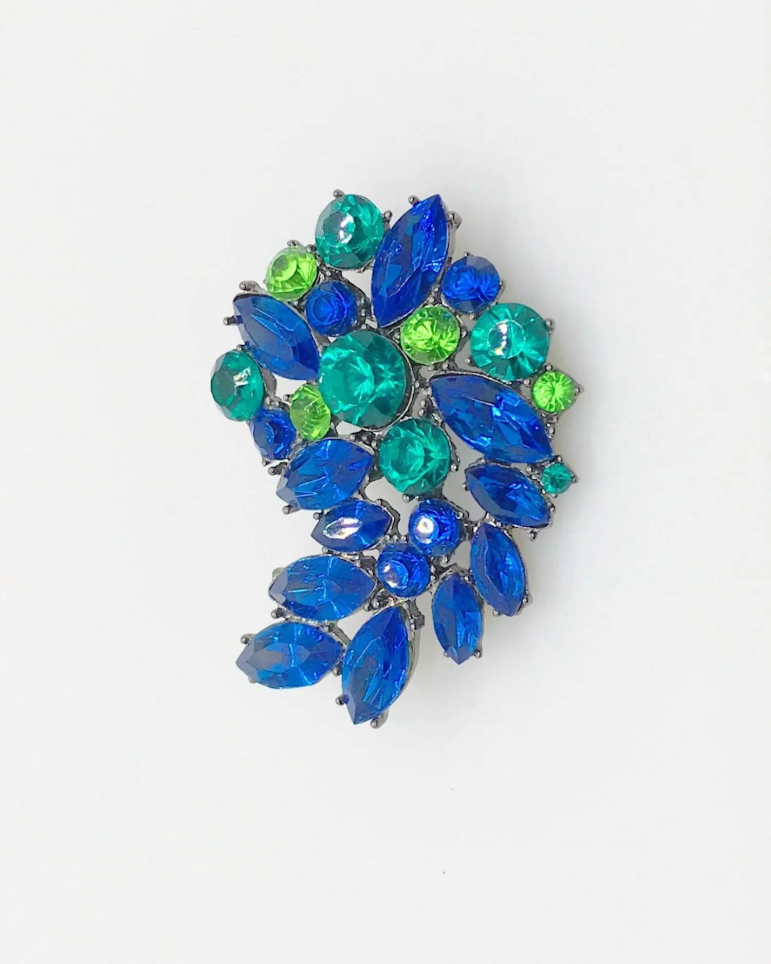 Vivid Vintage Blue, Aqua and Green Stones Brooch in Blackened Metal