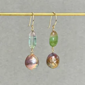 watermelon tourmaline and Japan Kasumi pearl earrings