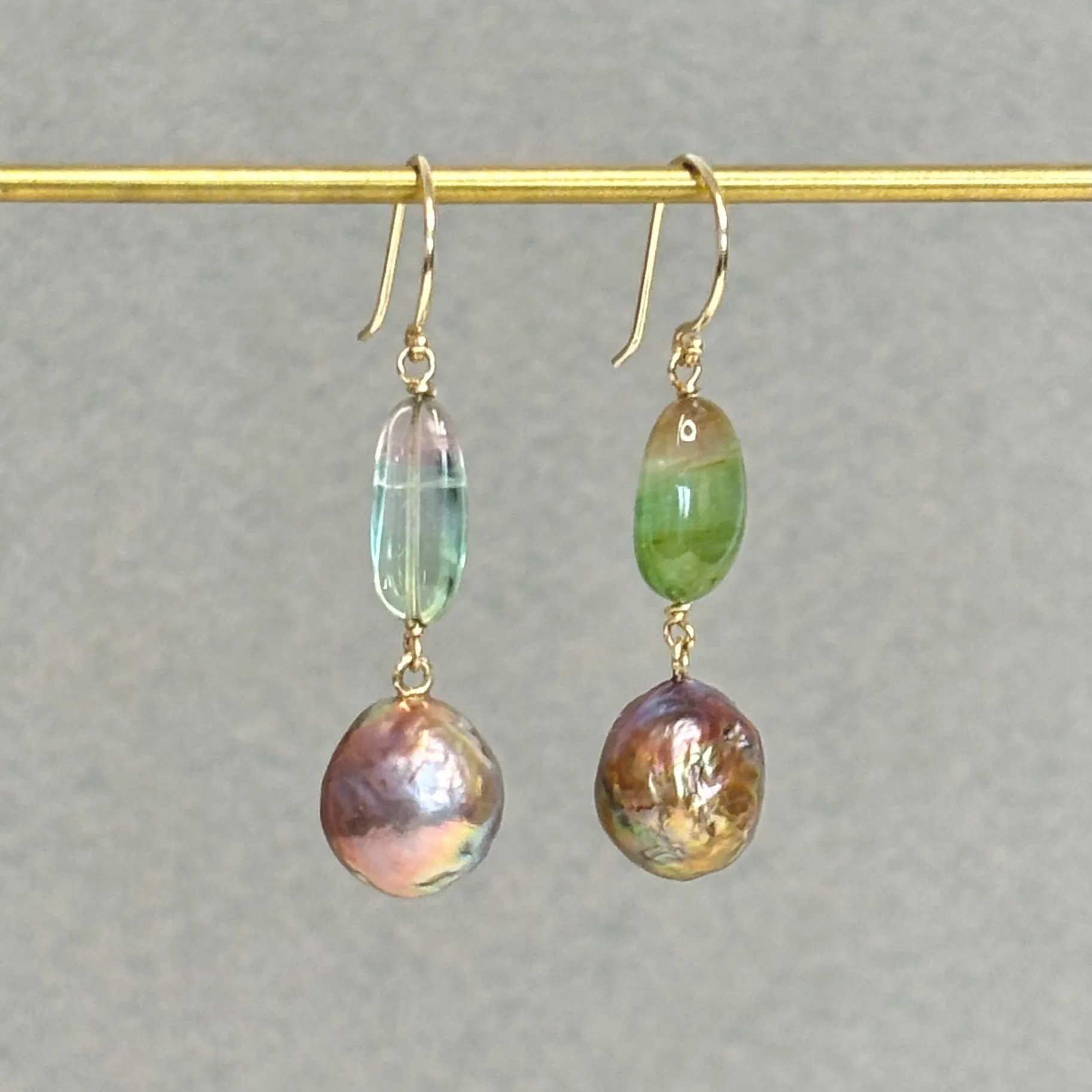 watermelon tourmaline and Japan Kasumi pearl earrings