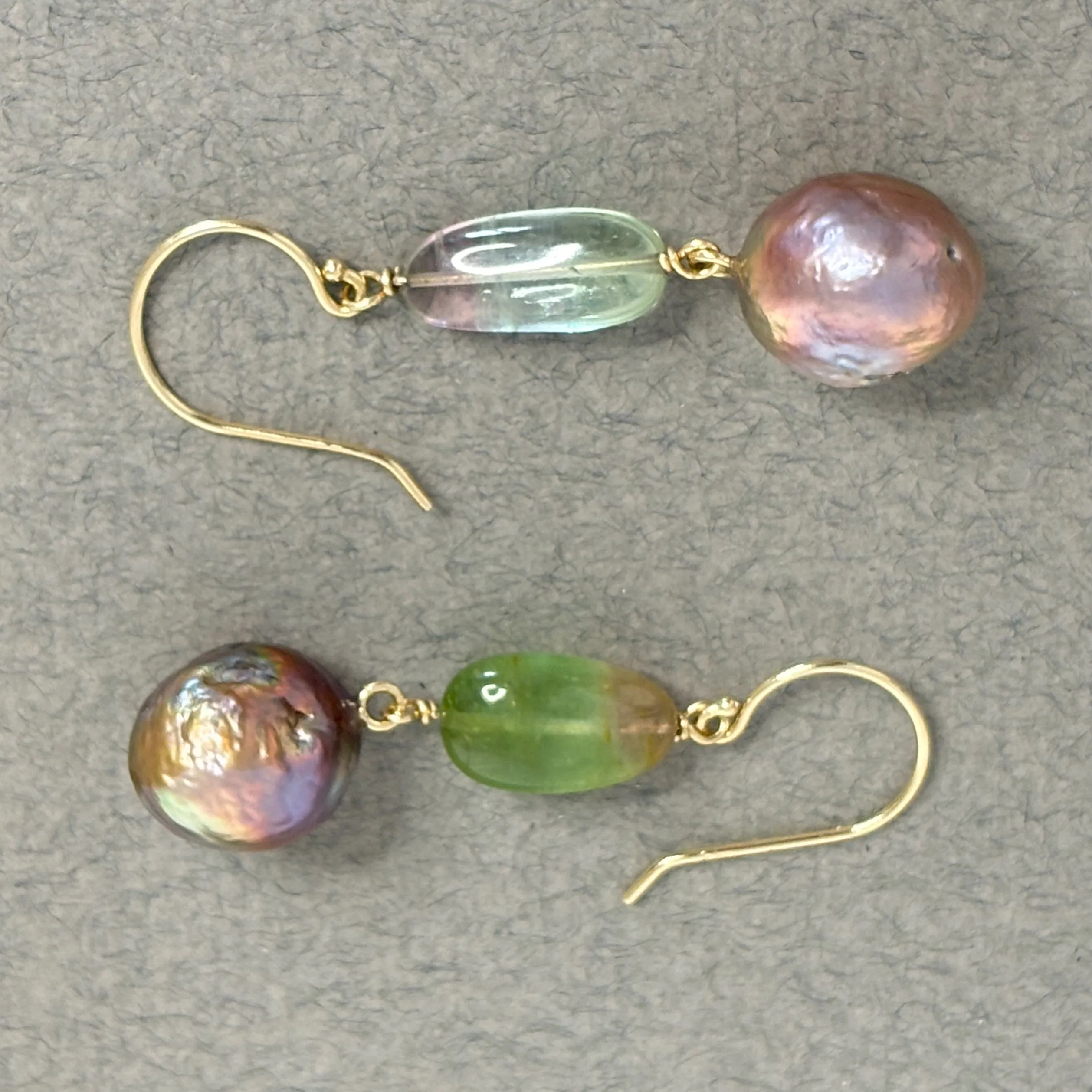 watermelon tourmaline and Japan Kasumi pearl earrings