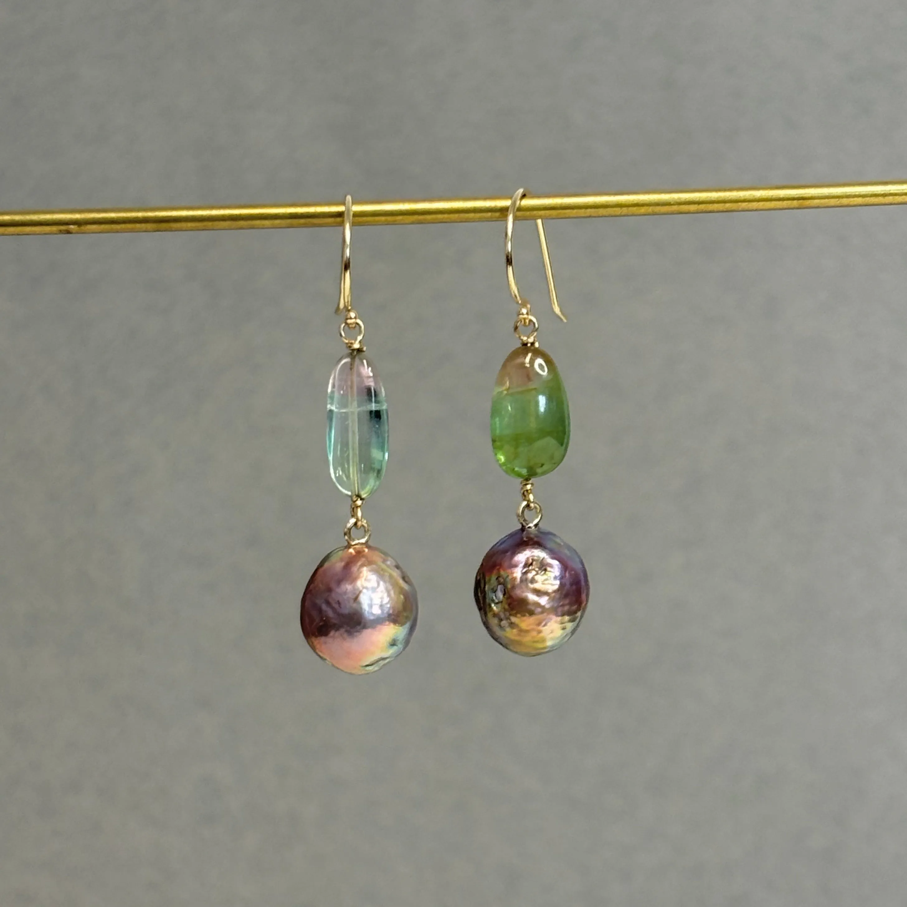 watermelon tourmaline and Japan Kasumi pearl earrings