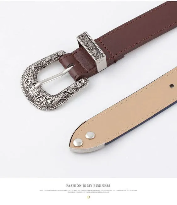 Western Cowgirl Belt Vegan Leather Etched Flowers Silver Metal Buckle Adjustable Settings Metal Tip And Belt Loop Choose Camel Dark Brown Black Or Navy Great With Jeans And Dresses