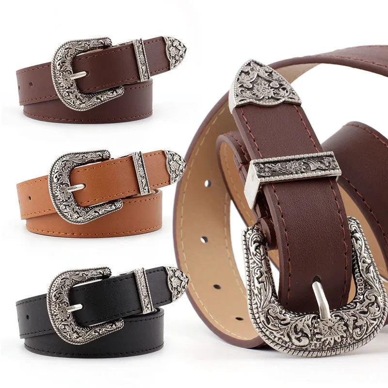 Western Cowgirl Belt Vegan Leather Etched Flowers Silver Metal Buckle Adjustable Settings Metal Tip And Belt Loop Choose Camel Dark Brown Black Or Navy Great With Jeans And Dresses