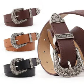 Western Cowgirl Belt Vegan Leather Etched Flowers Silver Metal Buckle Adjustable Settings Metal Tip And Belt Loop Choose Camel Dark Brown Black Or Navy Great With Jeans And Dresses