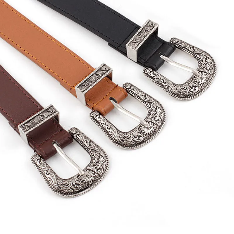 Western Cowgirl Belt Vegan Leather Etched Flowers Silver Metal Buckle Adjustable Settings Metal Tip And Belt Loop Choose Camel Dark Brown Black Or Navy Great With Jeans And Dresses