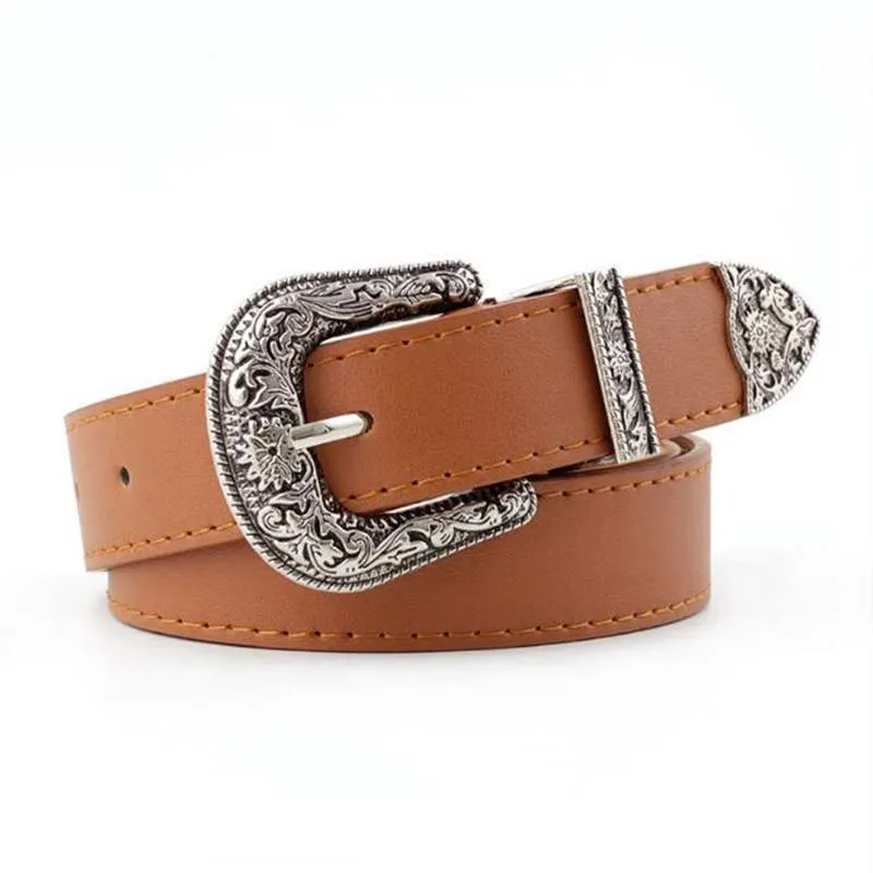 Western Cowgirl Belt Vegan Leather Etched Flowers Silver Metal Buckle Adjustable Settings Metal Tip And Belt Loop Choose Camel Dark Brown Black Or Navy Great With Jeans And Dresses
