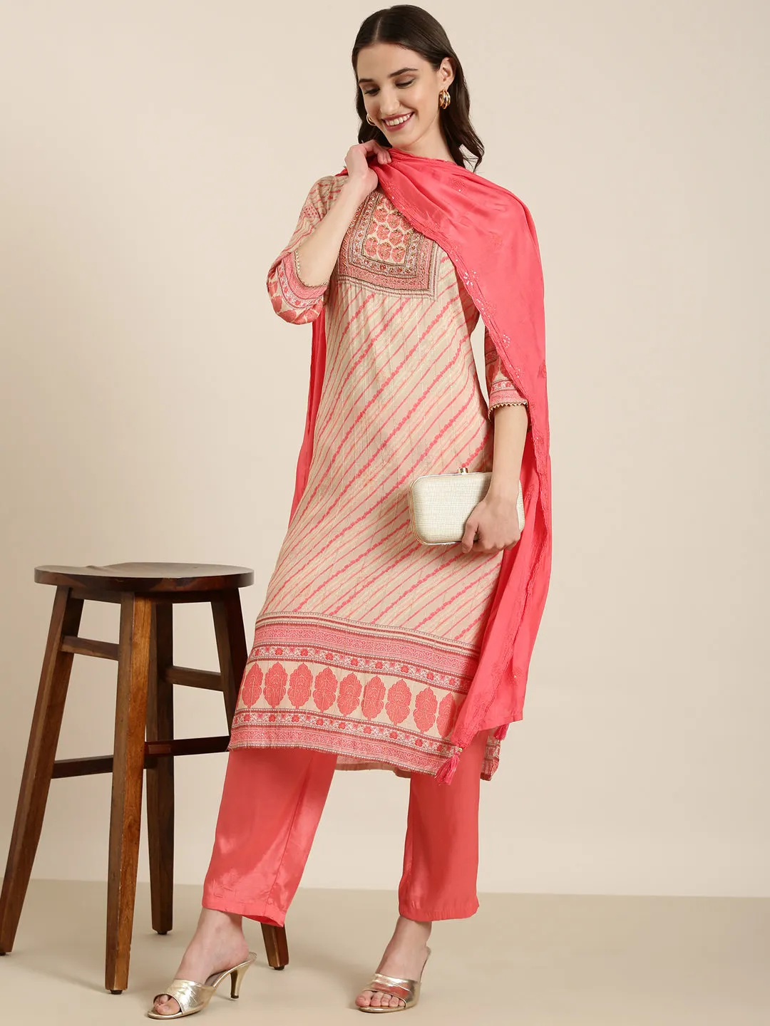 Women Beige Striped Kurta Set