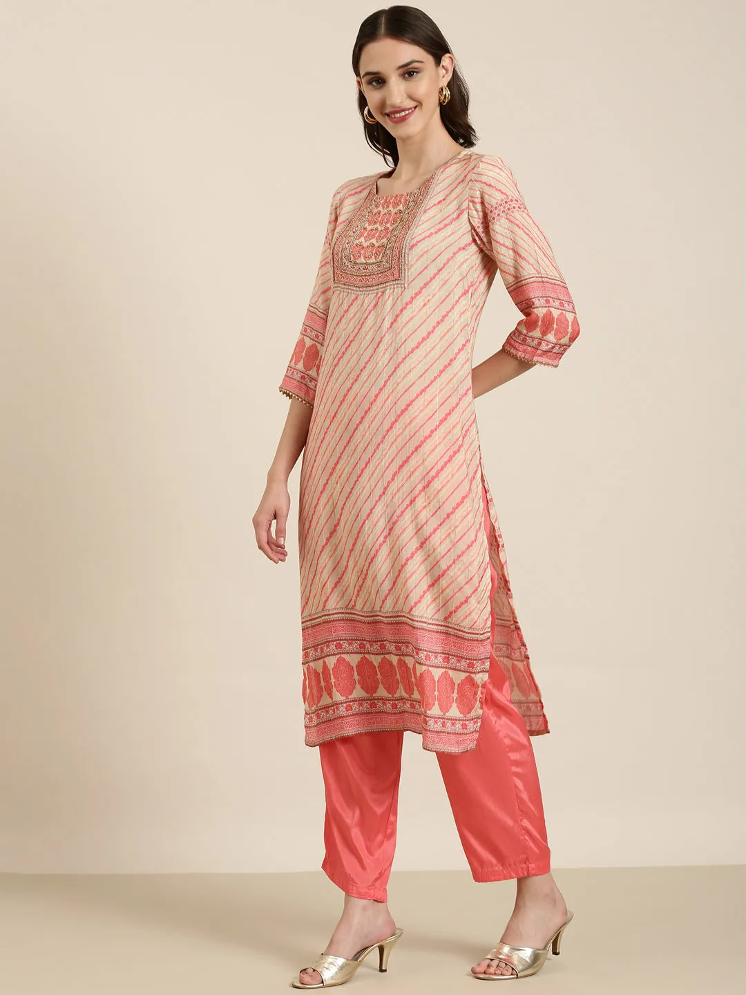 Women Beige Striped Kurta Set