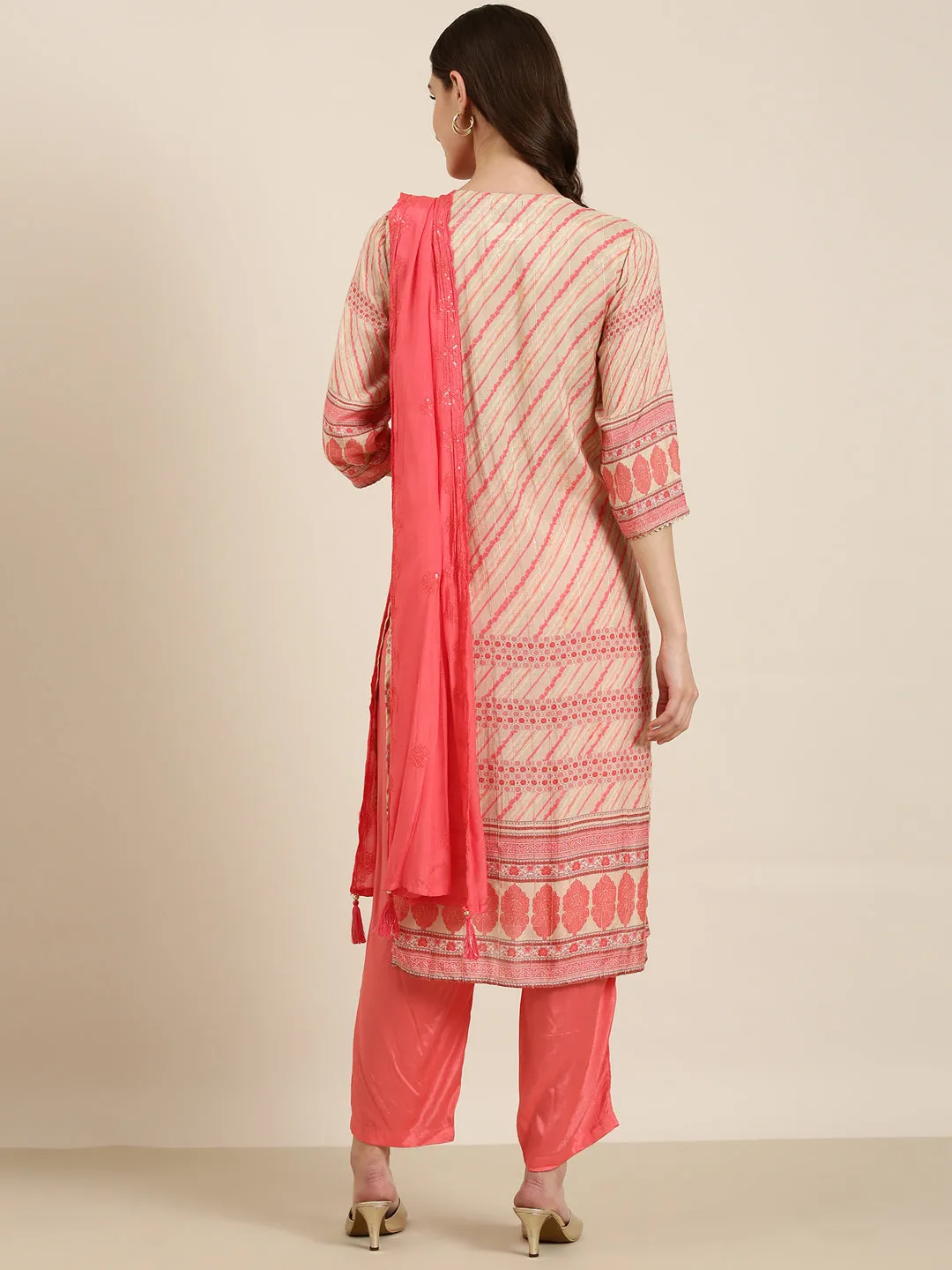 Women Beige Striped Kurta Set