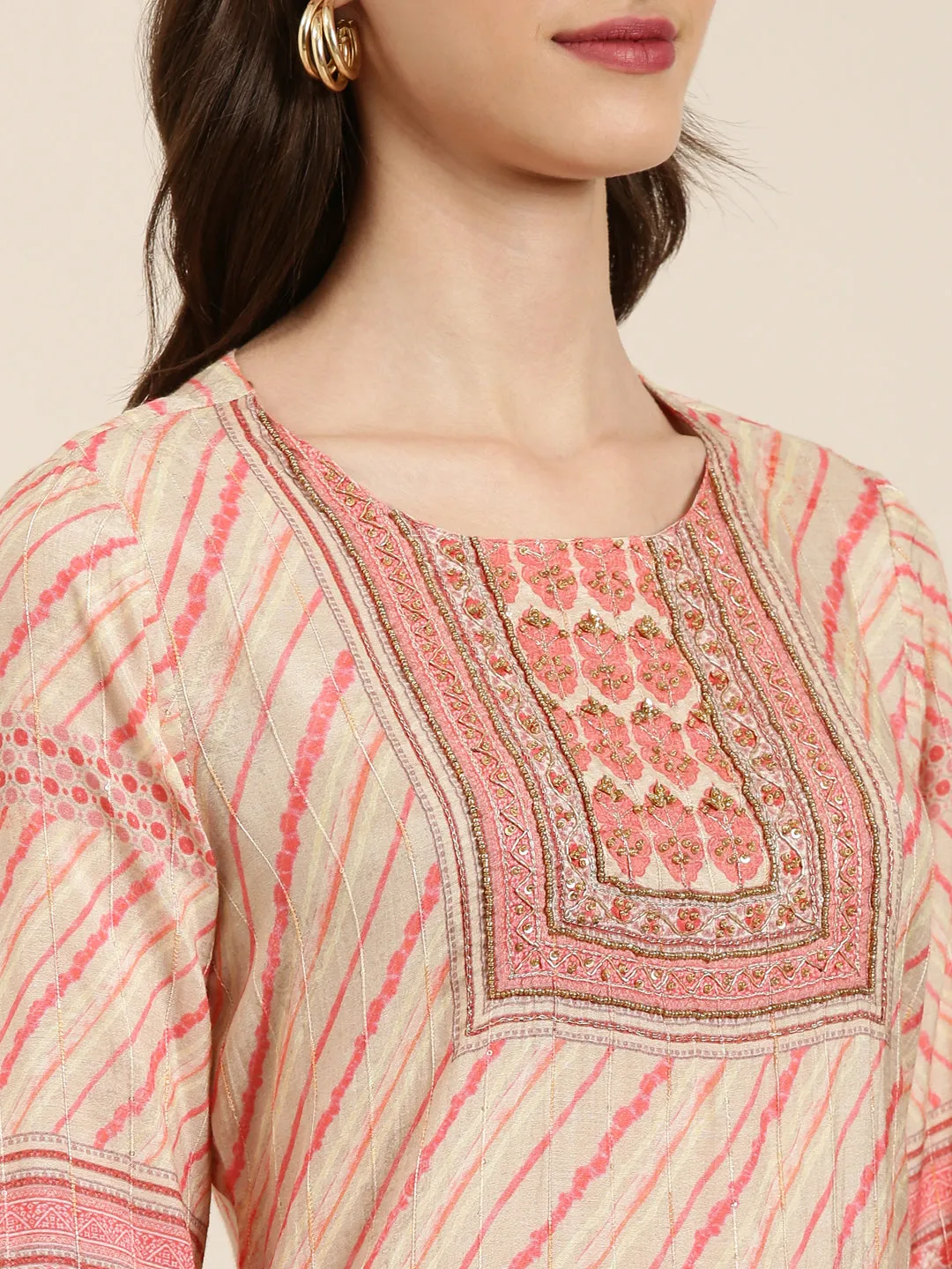 Women Beige Striped Kurta Set