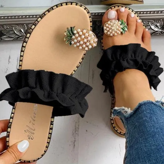 Women yellow ring toe flat slide 
sandals
