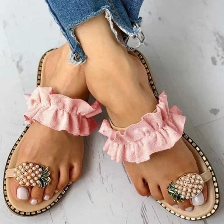 Women yellow ring toe flat slide 
sandals